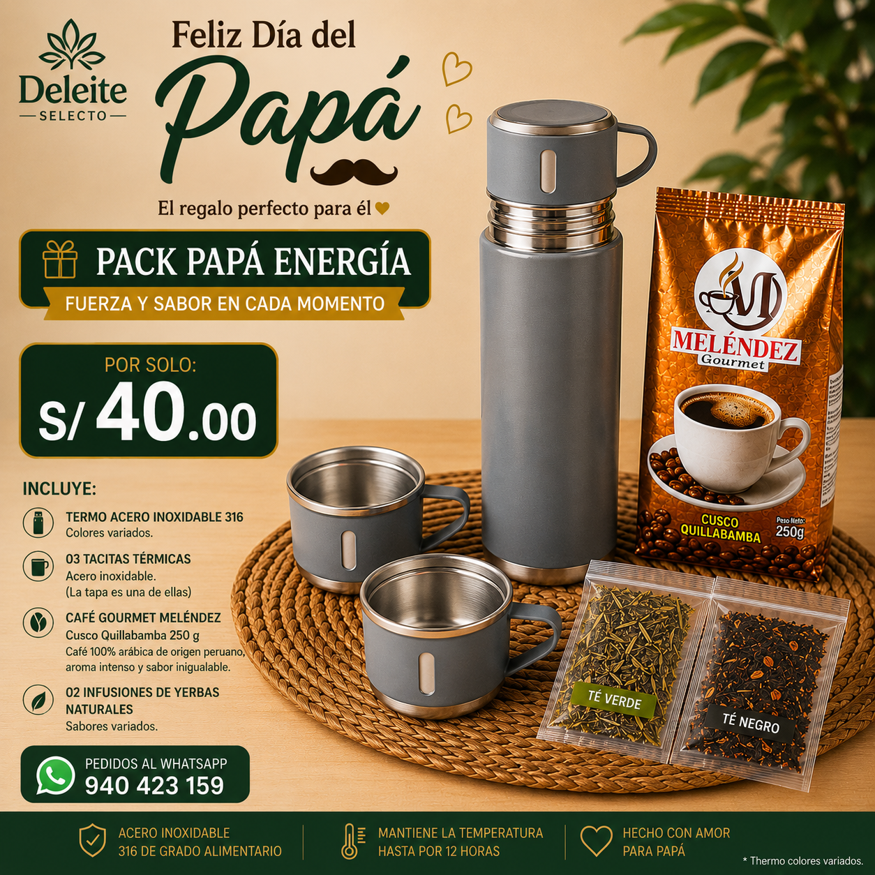 Pack Papá Energía - Termo, tazas y café