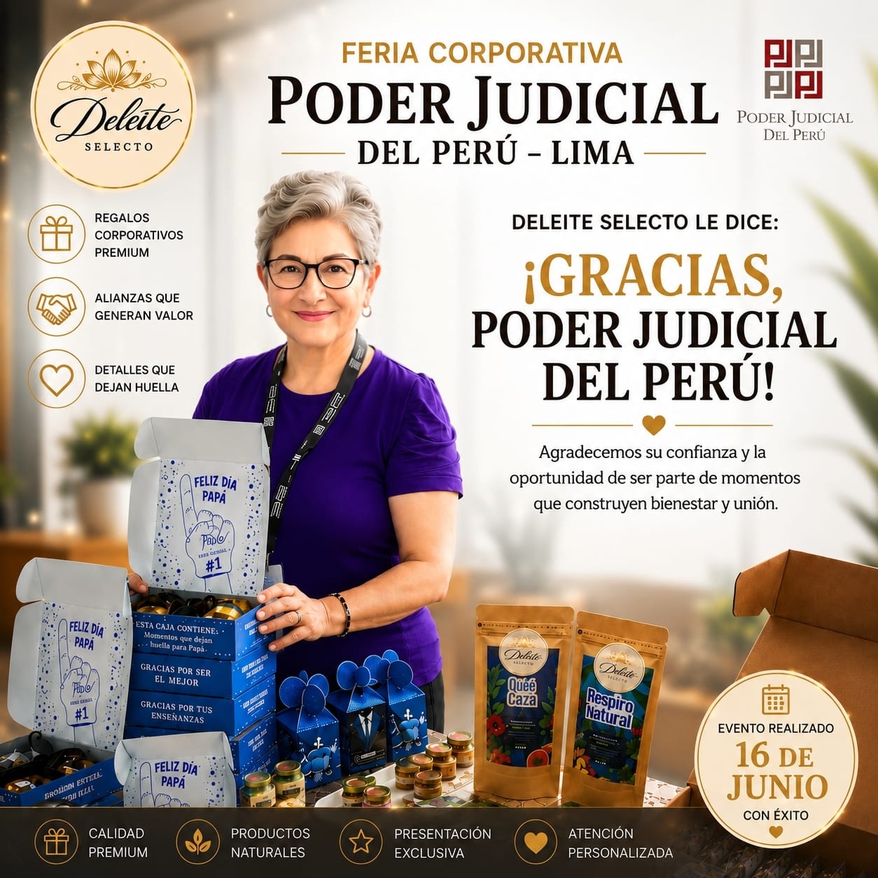 Deleite Selecto en Feria Corporativa del Poder Judicial del Perú - Junio 2026 - Stand con productos premium y cajas de regalo