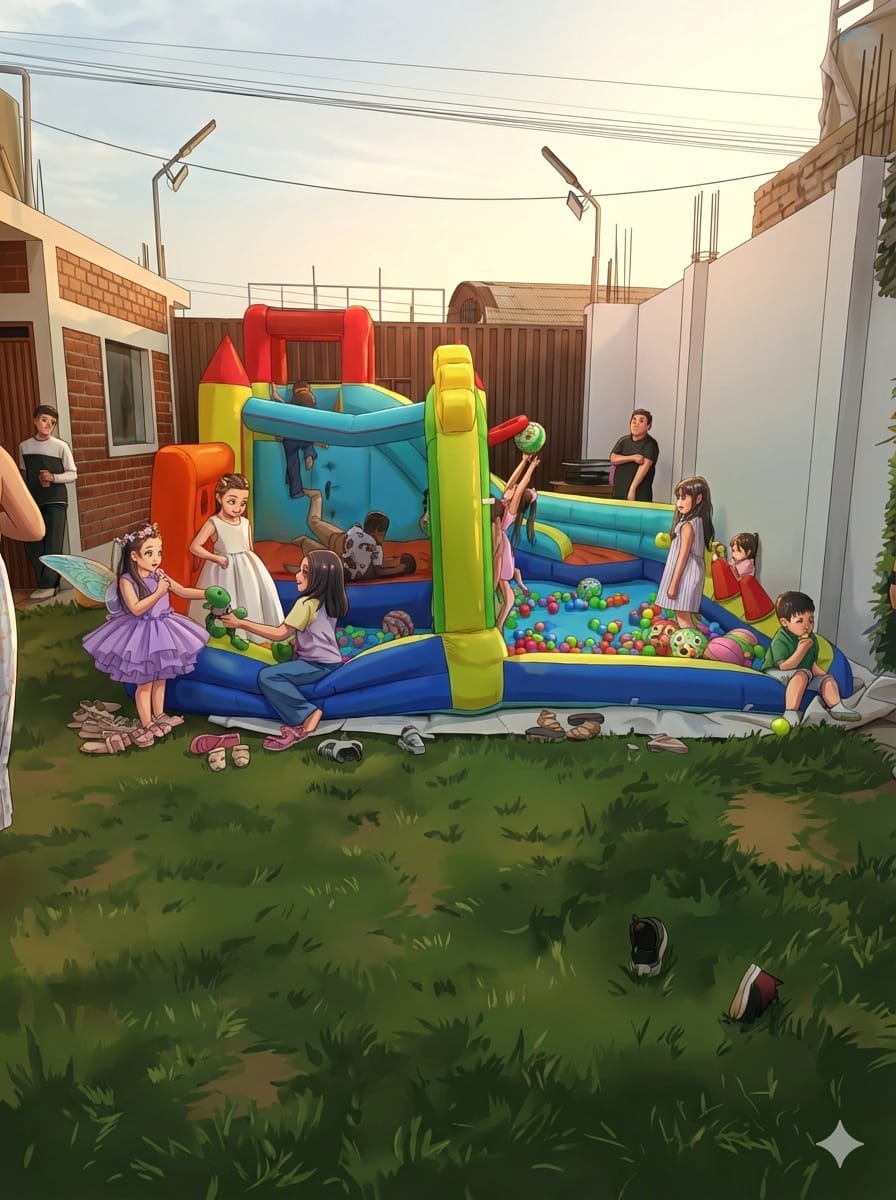 Fiesta en jardín con inflables