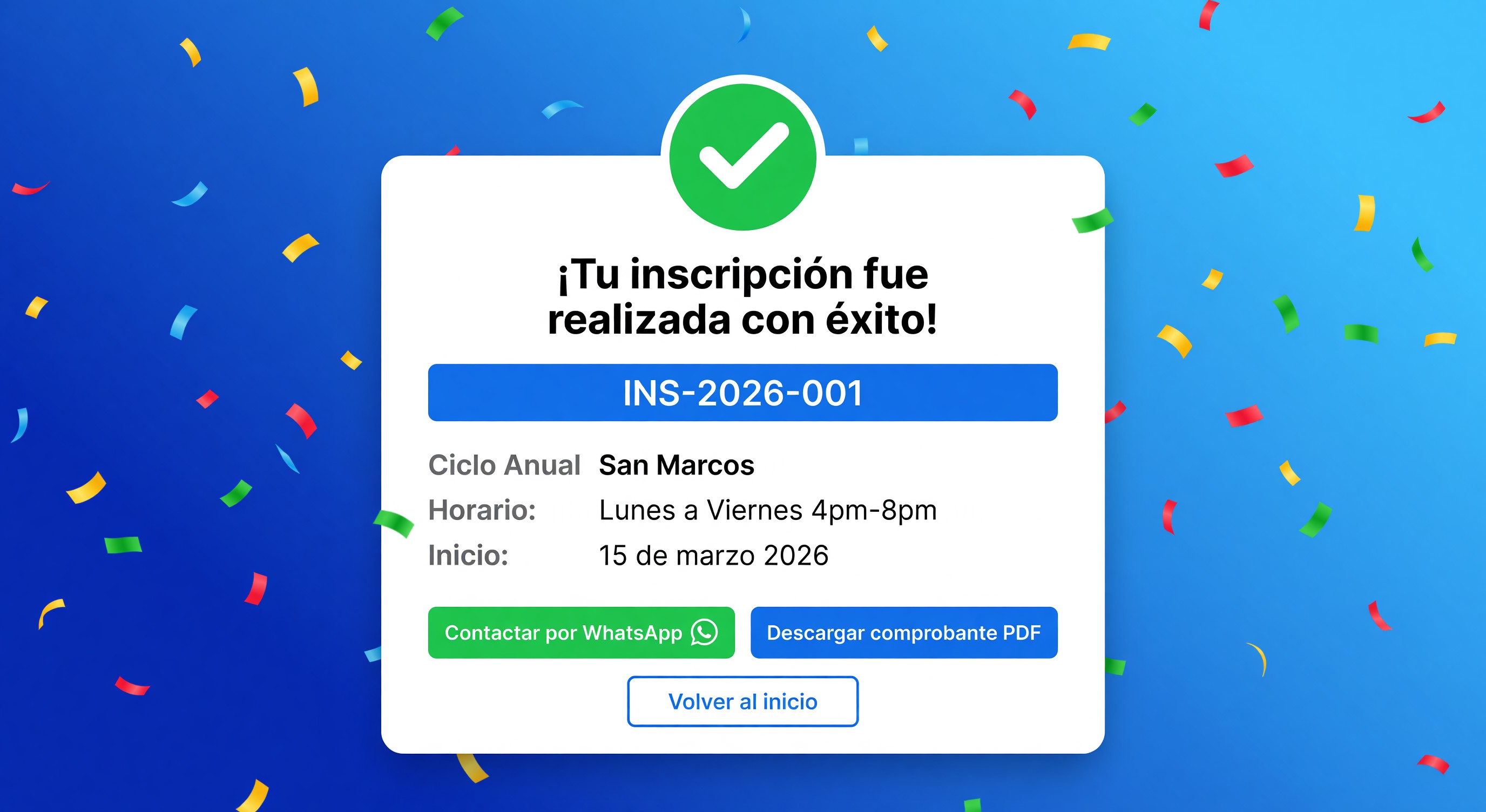 Pantalla de confirmación de inscripción exitosa