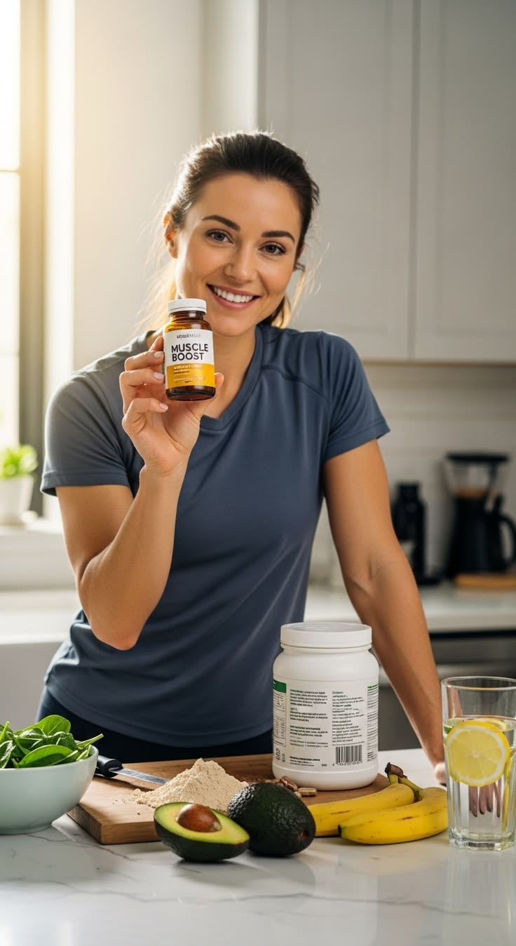 Mujer fitness con suplementos naturales