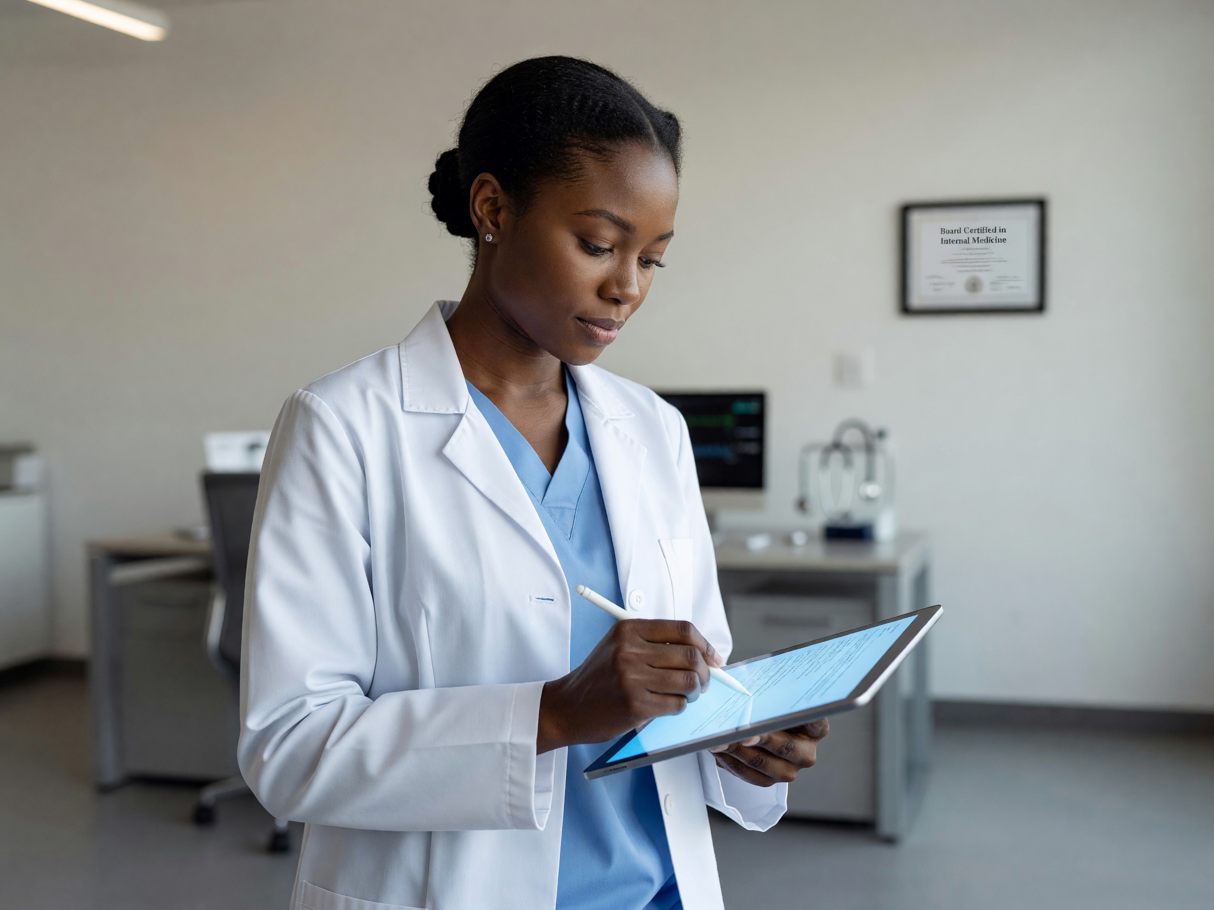 Black doctor making notes on a tablet