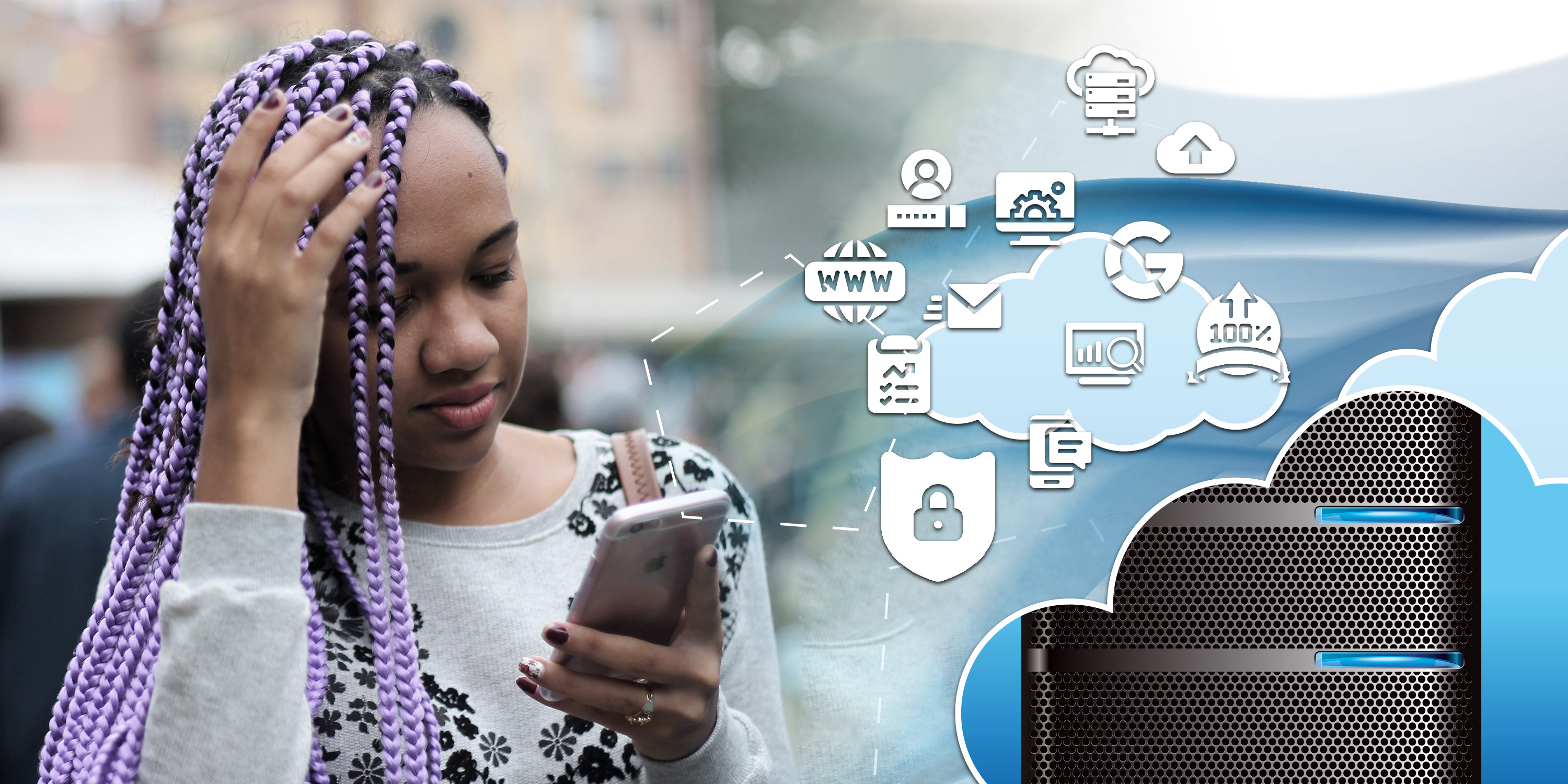 A woman on her phone beside an illustration of cloud services